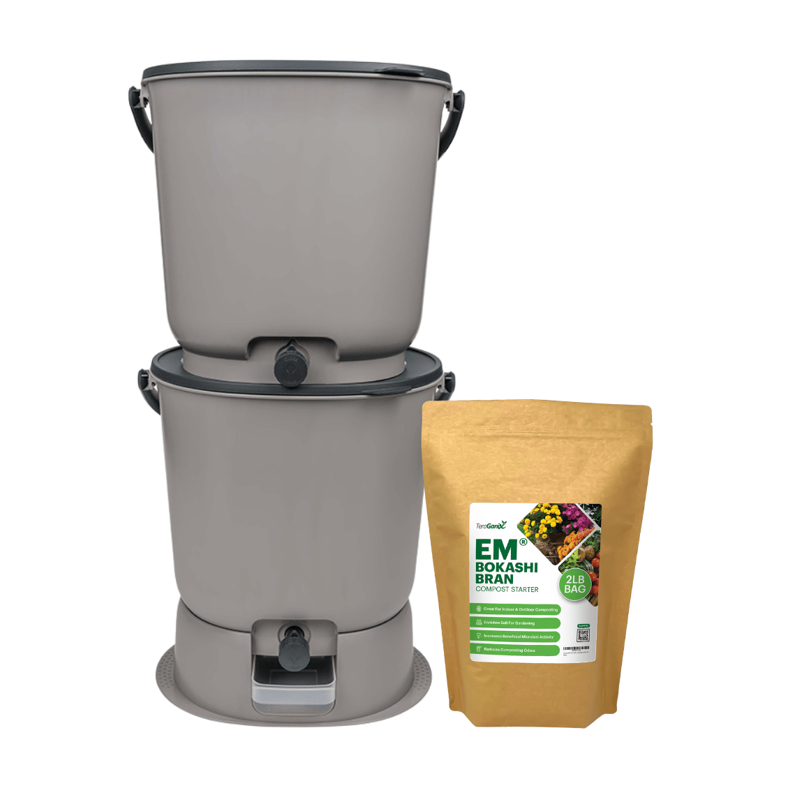 TeraGanix Bokashi Compost Bin Set of 2 Buckets + FREE 1 lb bag of EM® Bokashi / Light Grey The Essential Bokashi Compost Bin Starter Kit, 4.4 gal