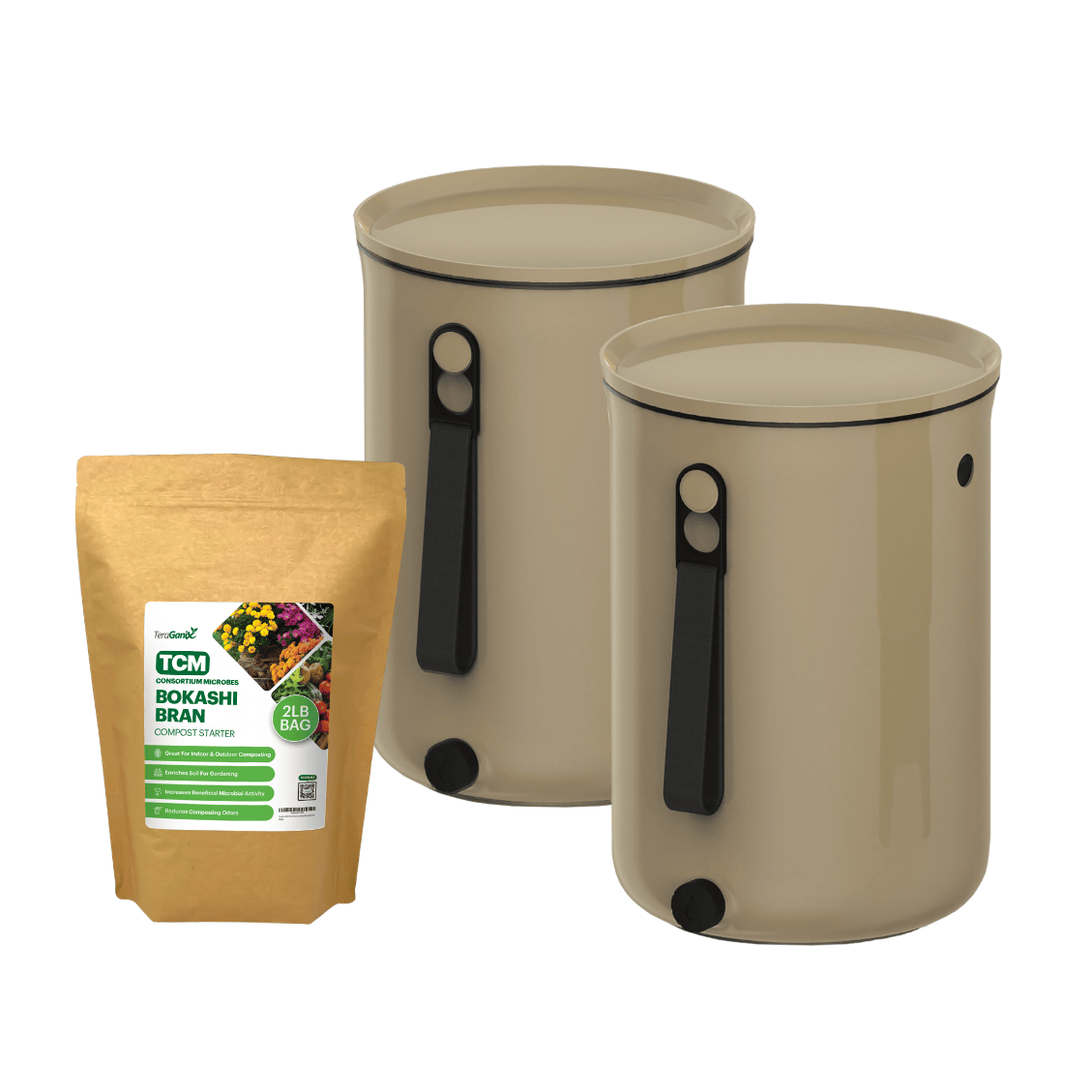 TeraGanix Bokashi Compost Bin Set of two buckets + 2 lb bag Bokashi / Cappuccino Bokashi Kitchen Compost Bin, 2.5 gal