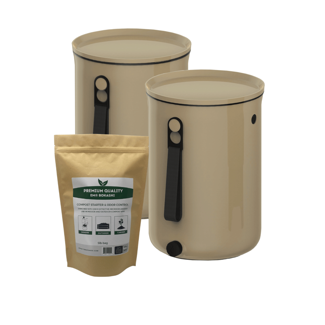 TeraGanix Bokashi Compost Bin Set of two buckets + 2 lb bag Bokashi / Cappuccino Bokashi Kitchen Compost Bin, 2.5 gal