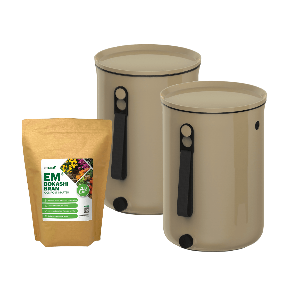 TeraGanix Bokashi Compost Bin Set of two buckets + 2 lb bag Bokashi / Cappuccino Bokashi Kitchen Compost Bin, 2.5 gal