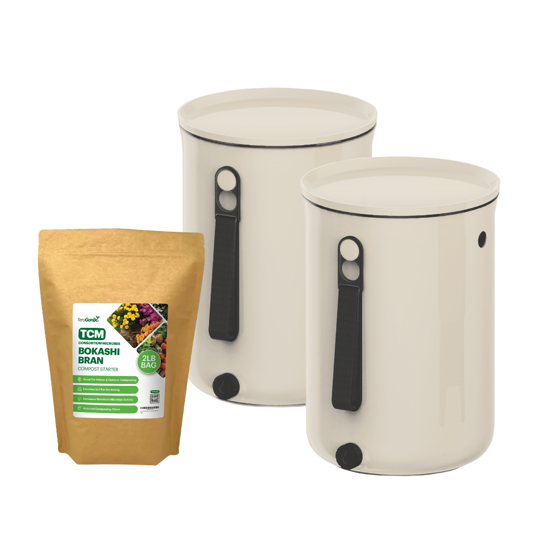 TeraGanix Bokashi Compost Bin Set of two buckets + 2 lb bag Bokashi / Cream Bokashi Kitchen Compost Bin, 2.5 gal
