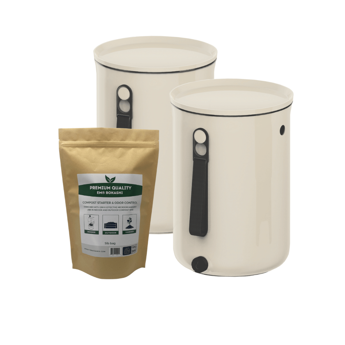TeraGanix Bokashi Compost Bin Set of two buckets + 2 lb bag Bokashi / Cream Bokashi Kitchen Compost Bin, 2.5 gal
