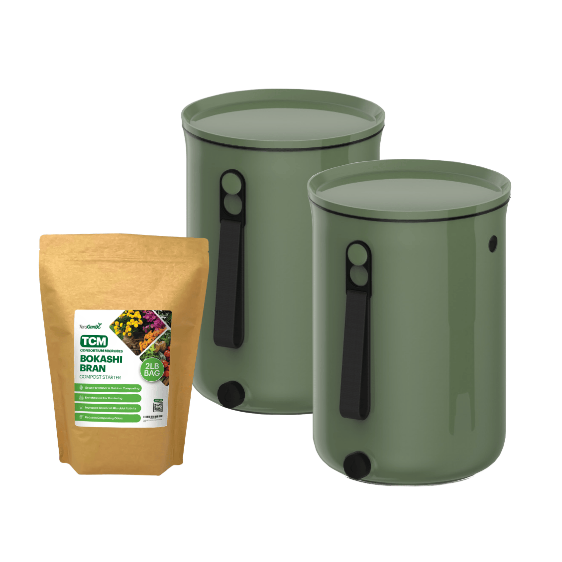 TeraGanix Bokashi Compost Bin Set of two buckets + 2 lb bag Bokashi / Olive Bokashi Kitchen Compost Bin, 2.5 gal